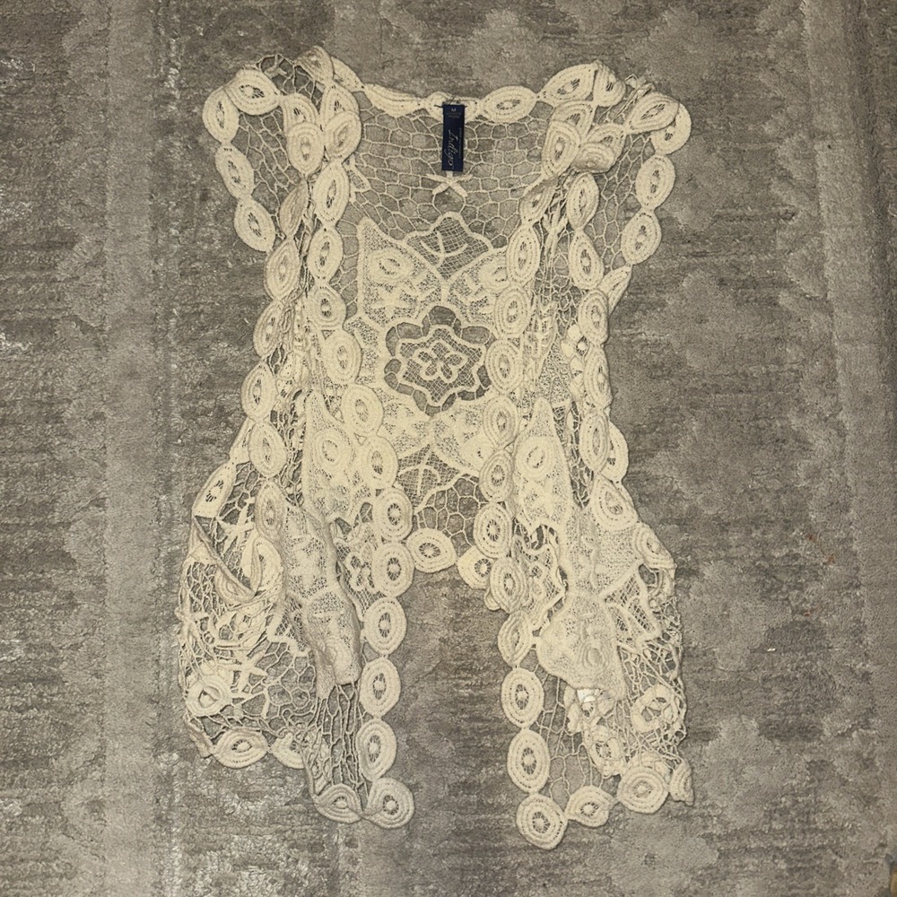 Indigo Great Northwest Crochet Lace Vest Ivory Open Front Boho Festival Womens M